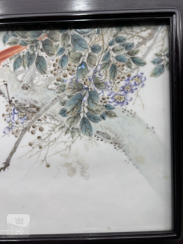 民国 程意亭粉彩绶带紫薇花鸟图瓷板 - 图4